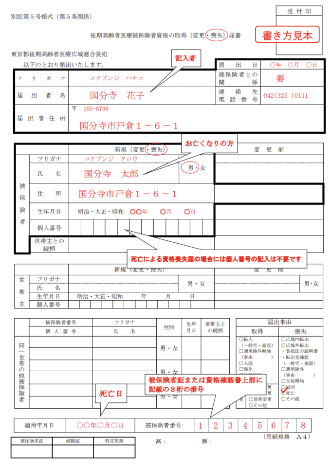 後期高齢者医療被保険者資格喪失届　記入例