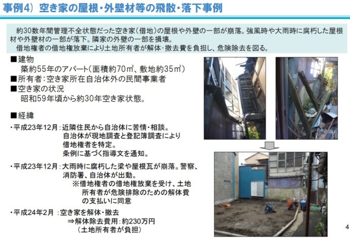 空き家の屋根・外壁飛散・落下被害